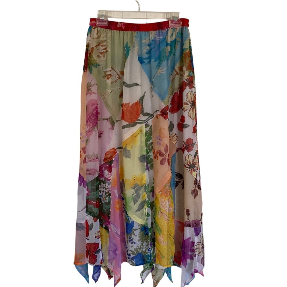 Sacred Threads Multicolor Floral Handkerchief Hem Patchwork Midi Skirt Size S